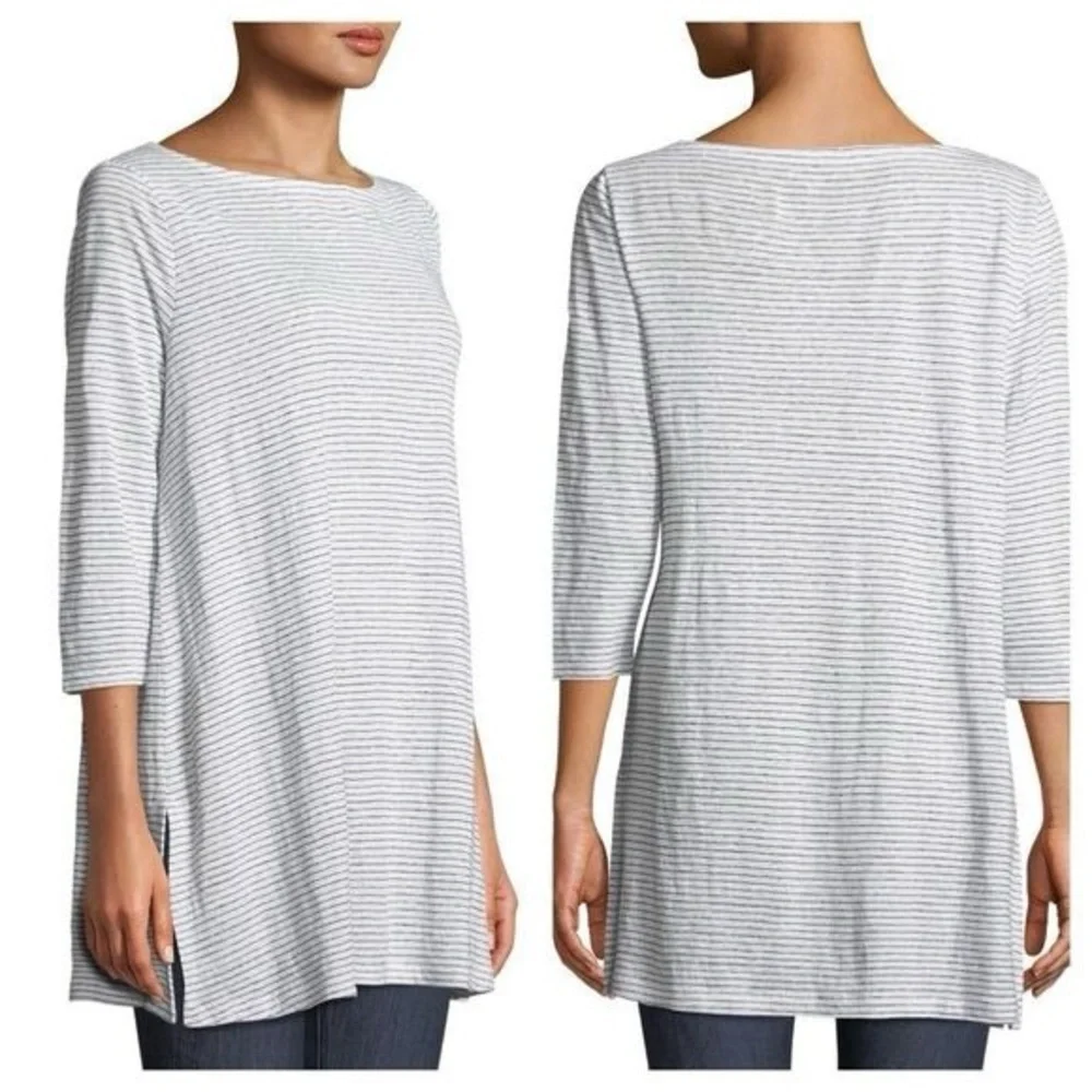 Eileen Fisher. Linen Blend Mini Stripe Tunic. Gray/White. Size Large.